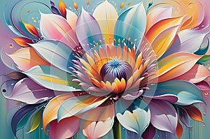 Abstract Painting Featuring Central Vibrant Flower with Swirling Multicolored Brushstrokes - Emanating Energy