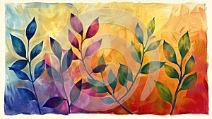 Abstract painting featuring stylized plant leaves in a gradient of sunset colors.