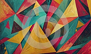 abstract painting featuring vibrant array overlapping triangular shapes in various colors, including red,