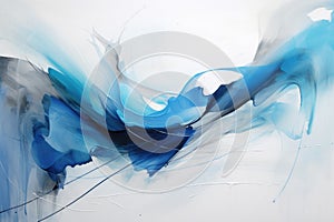 An abstract painting featuring vibrant blue and white brushstrokes on a canvas, evoking a sense of movement and energy, Expression