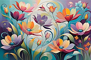 Abstract Painting - Focus on a Myriad of Flowers in Undefined Shapes, Blending into a Cohesive Background photo