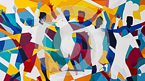 Abstract painting of the football game El Clasico, bursting with the colors of both teams, white and gold, blue and maroon. photo