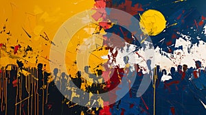 Abstract painting of the football game El Clasico, bursting with the colors of both teams, white and gold, blue and maroon. photo