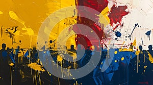 Abstract painting of the football game El Clasico, bursting with the colors of both teams, white and gold, blue and maroon. photo