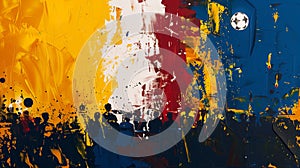 Abstract painting of the football game El Clasico, bursting with the colors of both teams, white and gold, blue and maroon. photo