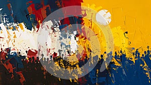 Abstract painting of the football game El Clasico, bursting with the colors of both teams, white and gold, blue and maroon. photo