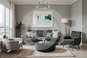 Abstract painting on grey wall o contemporary living room interior with emerald green armchair with round pillow, commode and couc