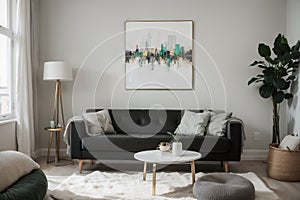 Abstract painting on grey wall o contemporary living room interior with emerald green armchair with round pillow, commode and couc