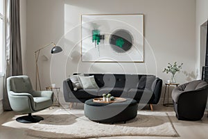 Abstract painting on grey wall o contemporary living room interior with emerald green armchair with round pillow, commode and couc