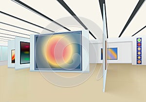 Abstract painting hanging on the wall and stands in the art gallery with suspension ceiling