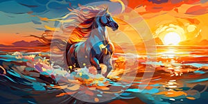 Beautiful horse galloping on the beach in the ocean waves , abstract watercolor.