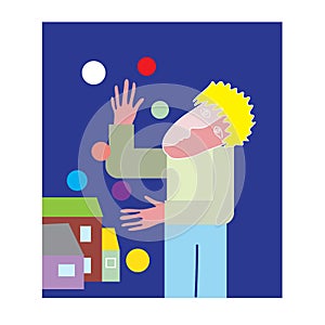 Abstract painting for the interior, a clown playing with balloons against a dark blue sky and houses, minimalism and trend, vector