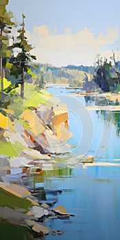 River Painting With Trees And Rocks In The Style Of Josef Kote photo