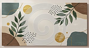 Abstract painting featuring leaves circles and dots on a white canvas background artwork display - ai-generated