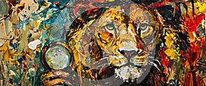 Abstract painting of a lion holding a magnifying glass photo