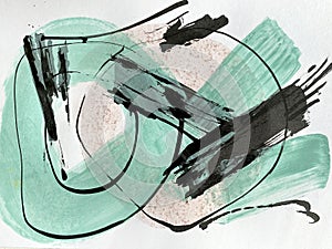 Abstract painting in a minimalist style. Fine Lines and Shapes on Canvas. Grey and black photo