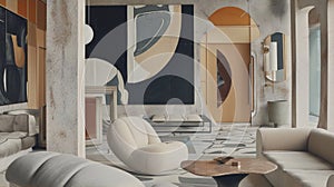 Abstract painting in muted colors in a mid-century modern interior with curved walls and furniture