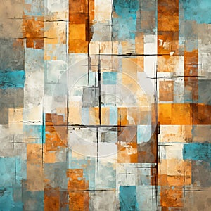 Abstract Painting With Orange, Blue, And Tan Squares