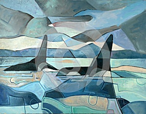 Abstract Painting of Orcas Swimming