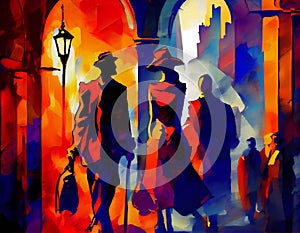 Abstract painting of people on the streets