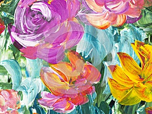 Abstract painting pink and yellow flowers, original hand drawn, impressionism style, color texture, brush strokes art background