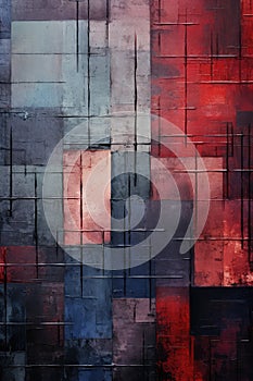 Abstract Painting of Red, Blue, and Grey Squares