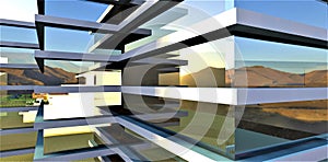 An abstract painting of the reflection of the dawn in the mirrored glass of a modern advanced building built from environmentally