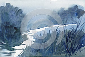 Abstract painting of river in blue tone bushes watercolor art