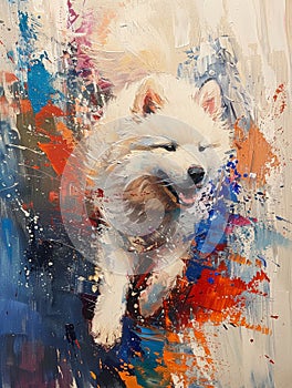 Abstract painting of a Samoyed dog in curious pursuit during a dynamic sport ai generate