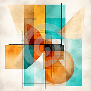 Abstract Painting With Shapes And Squares In Light Turquoise And Dark Orange