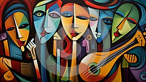 abstract painting showing a group of people playing music with instruments