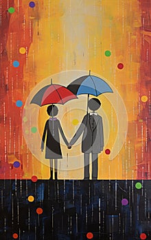Abstract Painting Of Two People Holding Umbrellas In The Rain