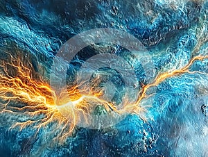 Abstract painting with vibrant orange lightning-like streaks crossing a textured blue and teal background photo