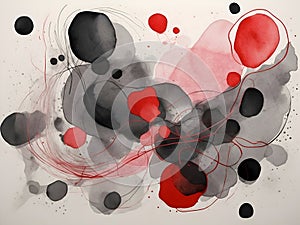 Abstract painting with vibrant red, black, and white circles and waves on a white background