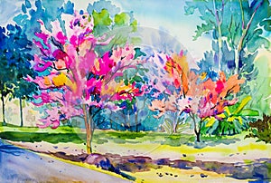 Abstract painting watercolor original of Wild Himalayan Cherry flowers.