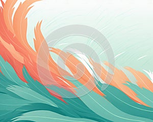an abstract painting of a wave with orange and turquoise feathers