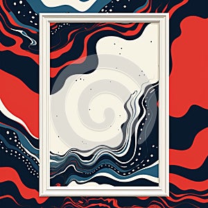 an abstract painting with a white frame and red blue and black swirls