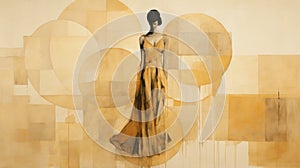 Abstract Painting Of Woman In Long Yellow Dress Sepia Tone, Translucent Geometries