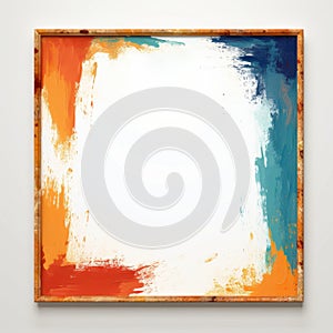 an abstract painting on a wooden frame with orange blue and white paint