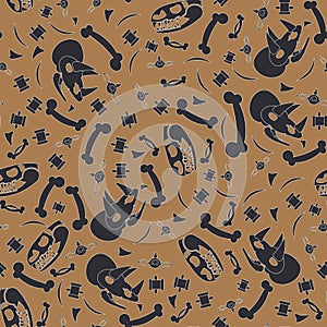Abstract paleontologic seamless background pattern with dinosaurs skulls and bones, tyrannosaurus and triceratops