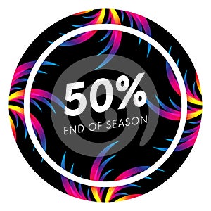 Abstract palm leafs with spectrum gradient. Sticker. Fifty percent off. Special offer. Summer sale banner. End of season. Black fr