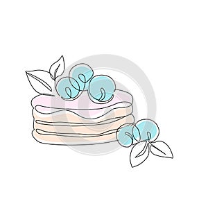 Abstract pancakes with berry fruit, mint leaves, jam topping. Sweet dessert breakfast concept