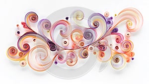 Abstract panel made of colored paper scrolled into curls and rolls. Quilling banner on a white background with copy space.