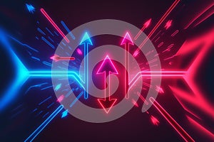 Abstract panoramic red blue pink neon background with arrows showing right direction, glowing in the dark. Generative AI illustrat