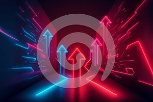 Abstract panoramic red blue pink neon background with arrows showing right direction, glowing in the dark. Generative AI illustrat