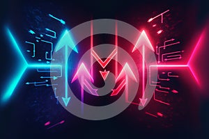 Abstract panoramic red blue pink neon background with arrows showing right direction, glowing in the dark. Generative AI illustrat