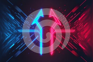 Abstract panoramic red blue pink neon background with arrows showing right direction, glowing in the dark. Generative AI illustrat