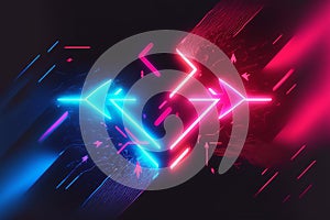 Abstract panoramic red blue pink neon background with arrows showing right direction, glowing in the dark. Generative AI illustrat