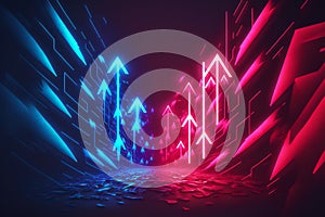 Abstract panoramic red blue pink neon background with arrows showing right direction, glowing in the dark. Generative AI illustrat