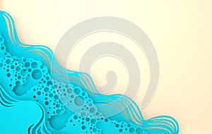 Abstract paper art sea or ocean water waves and beach. Summer background with seacoast. Paper sea waves with lines and bubbles.